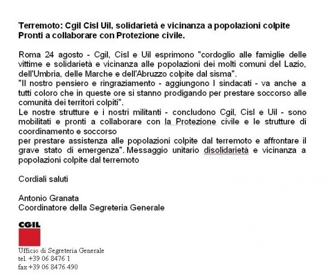 TERREMOTO: Cgil, Cisl e Uil solidarietà e vicinanza - il portale dei lavoratori