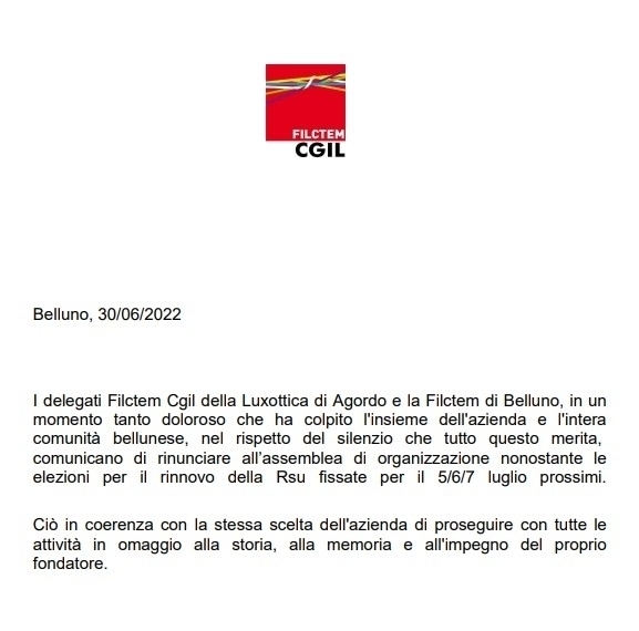 La Filctem/CGIL di Agordo rinuncia alle assemblee - il portale dei lavoratori